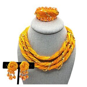 Vintage Beaded Jewelry Set Glass Beads Necklace Bracelet Earrings Yellow Orange